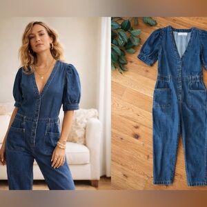 Happy x Nature Kate Hudson Denim Jumpsuit Puff Sleeve Snap Front Size Small/0